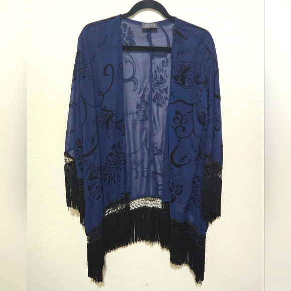 ASTR Sheer Blue Kimono with Black Velvet Pattern and Fringe Size M to L - Picture 1 of 9